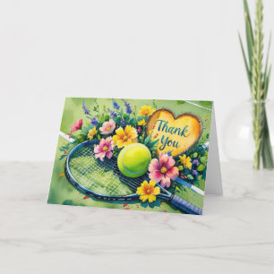 Tennis racket and ball with love red heart thank you card