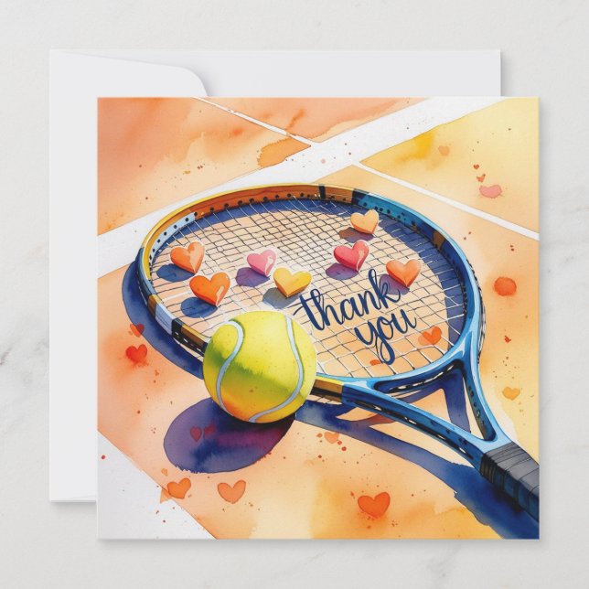 Tennis racket and ball with love red heart thank you card (Front)