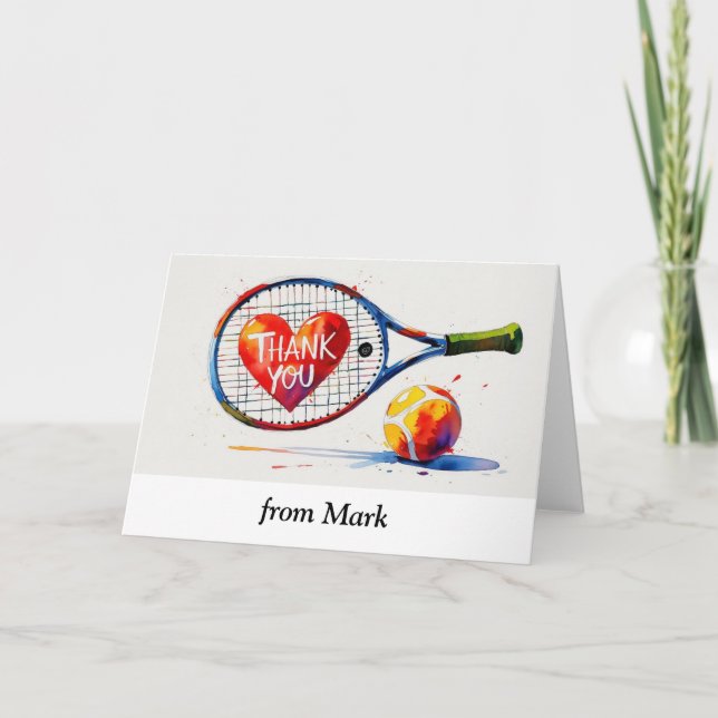 Tennis racket and ball with love red heart thank you card (Front)