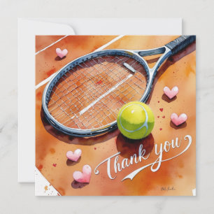 Tennis racket and ball with love red heart thank you card