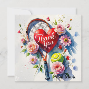 Tennis racket and ball with love red heart thank you card