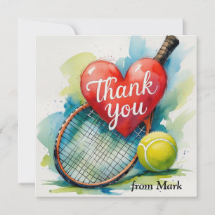 Tennis racket and ball with love red heart thank you card
