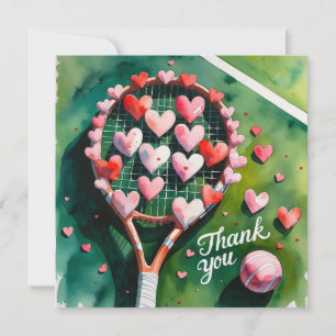 Tennis racket and ball with love red hearts thank you card