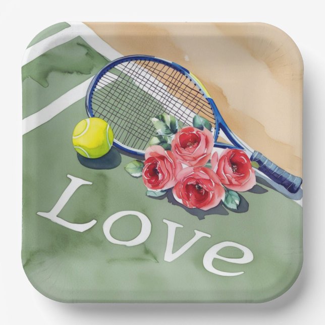 Tennis racket and ball with word LOVE on court Paper Plates (Front)
