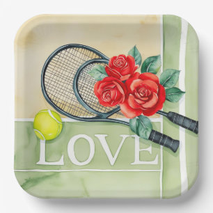 Tennis racket and ball with word LOVE on court Paper Plates