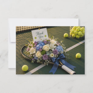 Tennis racket and flowers on the court thank you card