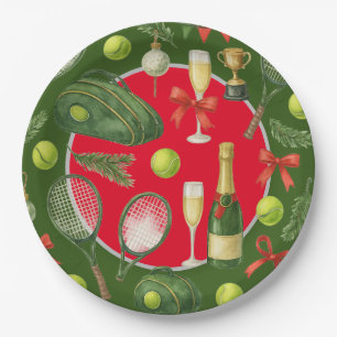 Tennis racket ball black ink red green Christmas Paper Plates