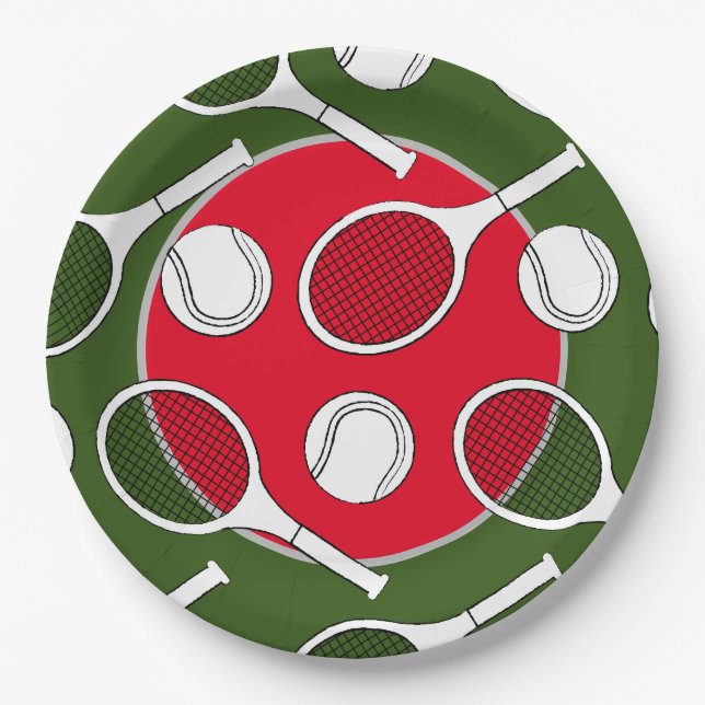 Tennis racket  ball black ink red  green Christmas Paper Plates (Front)