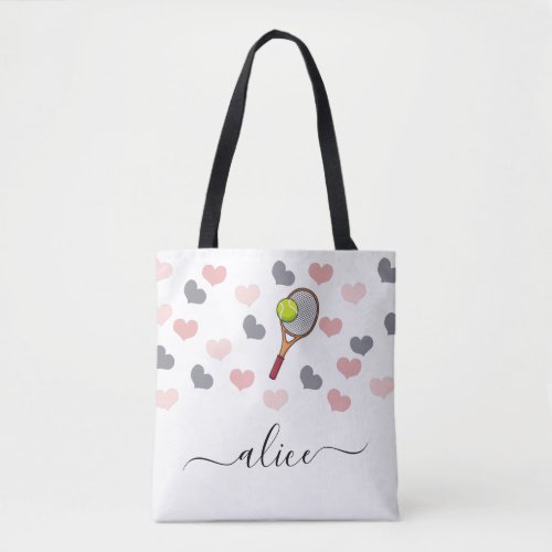 Tennis Racket Ball  Cute Pink Heart Girls Name Tote Bag