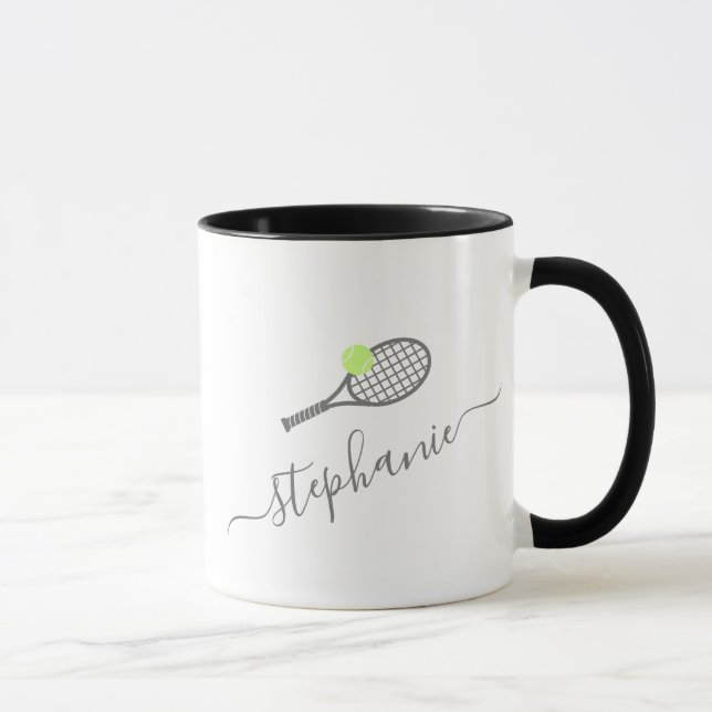 Tennis Racket Ball Gray Personalized Script Name  Mug (Right)