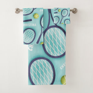 Tennis Racket Ball & Kids Girls Name Pattern Blue Bath Towel Set