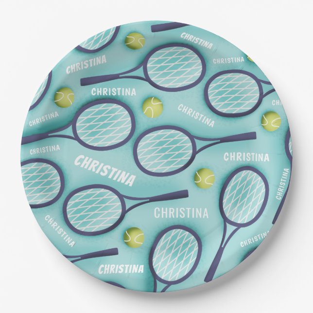 Tennis Racket Ball & Kids Girls Name Pattern Blue  Paper Plates (Front)
