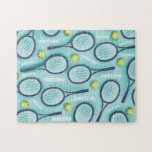 Tennis Racket Ball & Kids Name Pattern Cute Sport Jigsaw Puzzle<br><div class="desc">This cool puzzle featuring tennis racket ball & custom name pattern would make a wonderful gift for tennis lover! Easily change the name or erase it by clicking on the "personalize this template" option.</div>