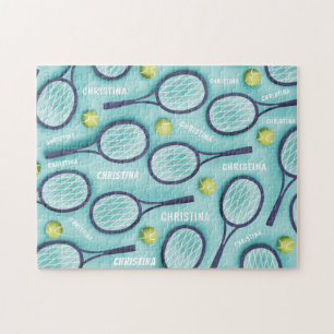 Tennis Racket Ball & Kids Name Pattern Cute Sport Jigsaw Puzzle