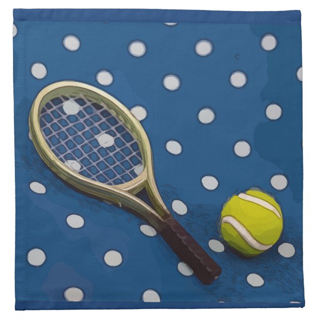 Tennis racket & ball on white polka dots blue cloth napkin (Front)