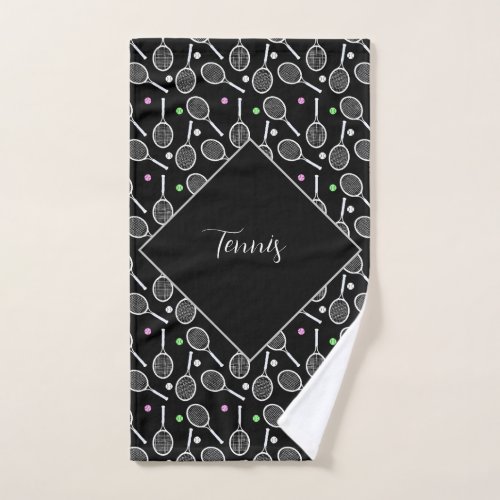 Tennis Racket  Ball Pattern Black Personalized Hand Towel