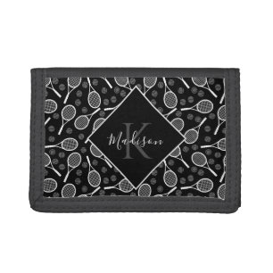 Tennis Racket & Ball Pattern Black White Kid Name Tri-fold Wallet