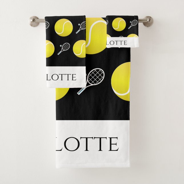 Tennis Racket Ball Pattern Design Personalized Bath Towel Set (Insitu)