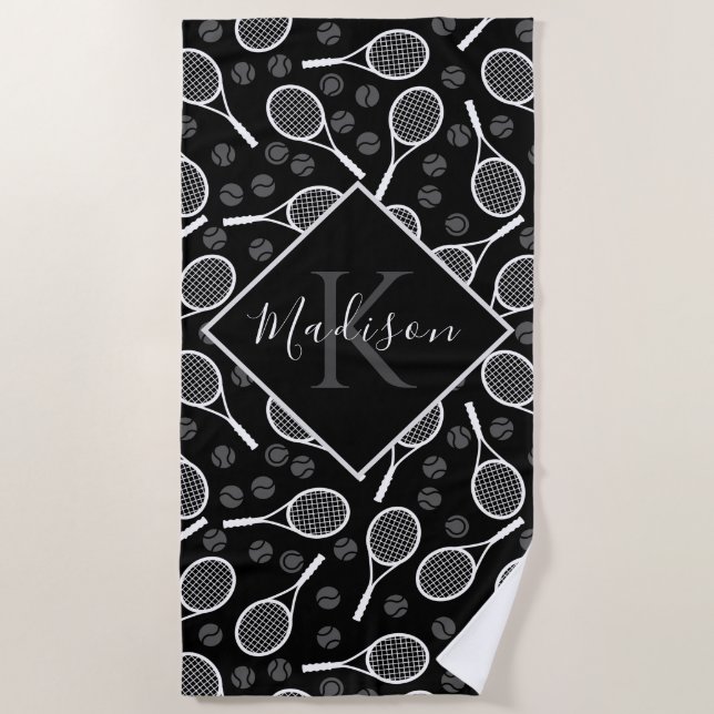 Tennis Racket Ball Pattern Initial & Name Monogram Beach Towel (Front)