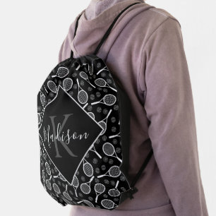 Tennis Racket Ball Pattern Initial & Name Monogram Drawstring Bag