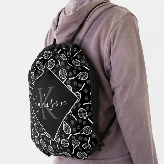 Tennis Racket Ball Pattern Initial & Name Monogram Drawstring Bag (Insitu)