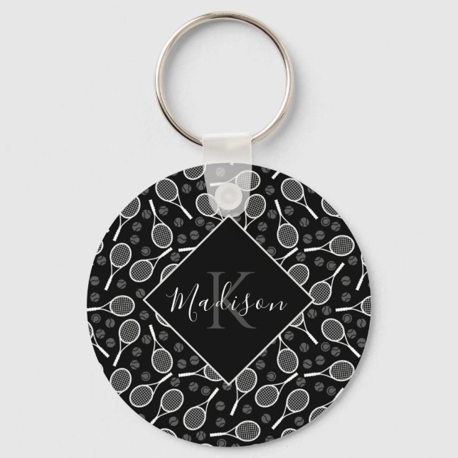 Tennis Racket Ball Pattern Initial & Name Monogram Keychain (Front)
