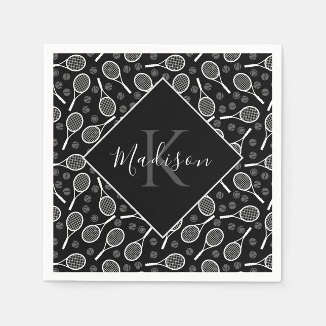 Tennis Racket Ball Pattern Initial & Name Monogram Napkins (Front)
