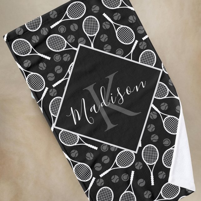 Tennis Racket & Ball Pattern Personalized Monogram Hand Towel (Creator Uploaded)