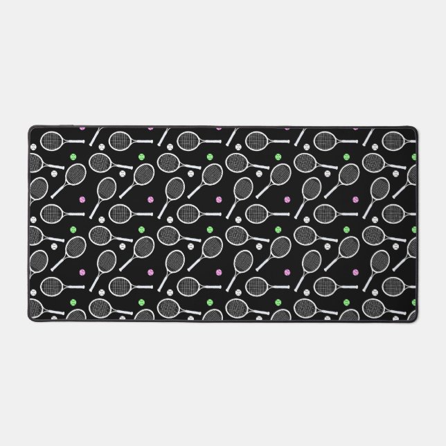 Tennis Racket & Ball Pattern Retro Black Desk Mat (Front)