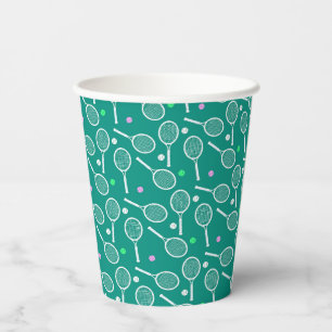 Tennis Racket & Ball Pattern Retro Emerald Green Paper Cups