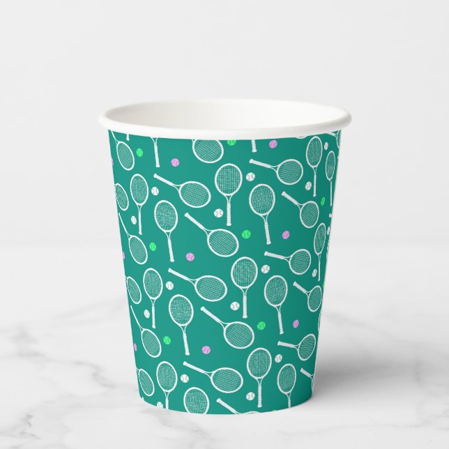 Tennis Racket & Ball Pattern Retro Emerald Green  Paper Cups (Back)