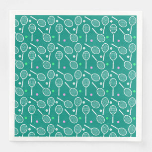 Tennis Racket & Ball Pattern Retro Emerald Green  Paper Dinner Napkins