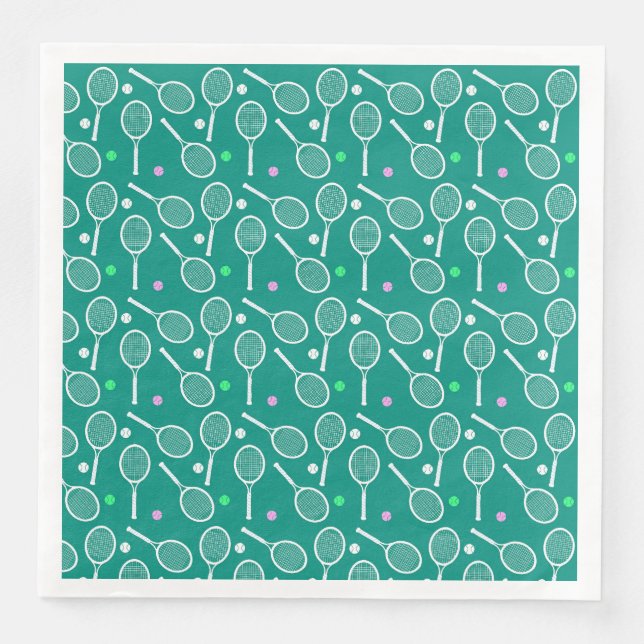 Tennis Racket & Ball Pattern Retro Emerald Green  Paper Dinner Napkins (Front)