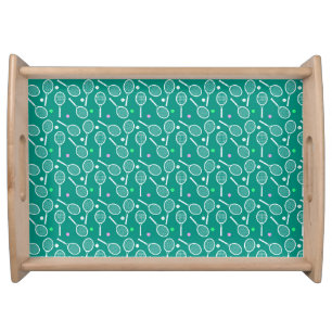Tennis Racket & Ball Pattern Retro Emerald Green  Serving Tray