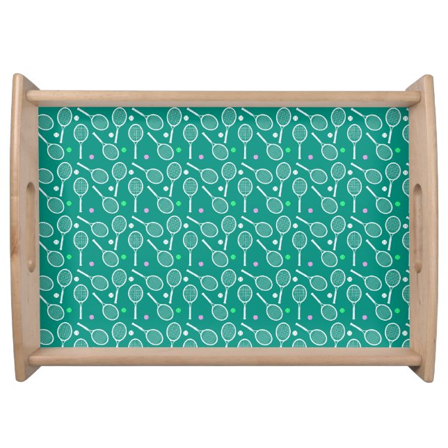 Tennis Racket & Ball Pattern Retro Emerald Green  Serving Tray (Front)