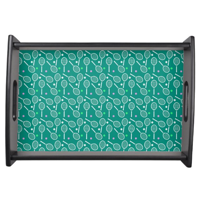 Tennis Racket & Ball Pattern Retro Emerald Green  Serving Tray (Front)