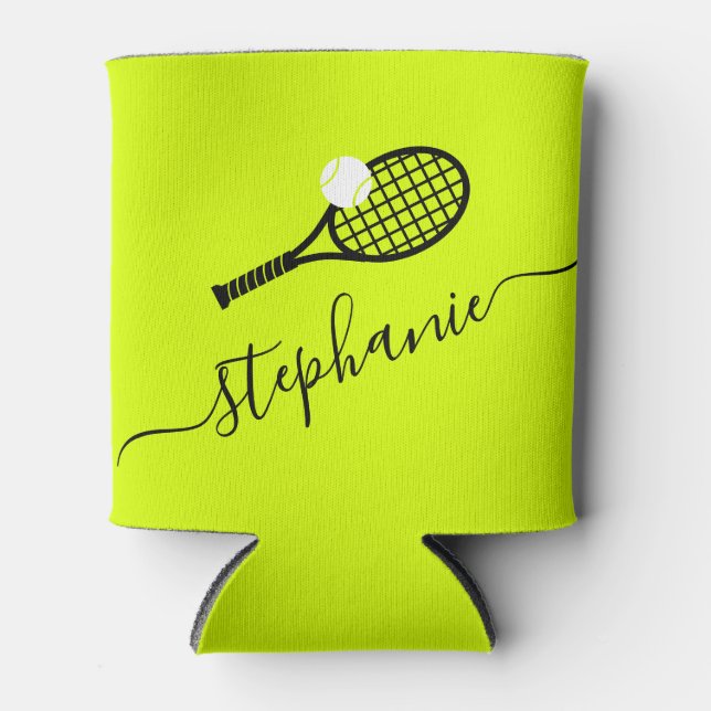 Tennis Racket & Ball Player Name Personalized Can Cooler (Front)