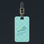 Tennis Racket Monogram Teal Travel Luggage Tag<br><div class="desc">Teal blue turquoise personalized luggage tag travel ID with a tennis racket monogram in an elegant and cute calligraphy script font with a subtle net pattern background.</div>