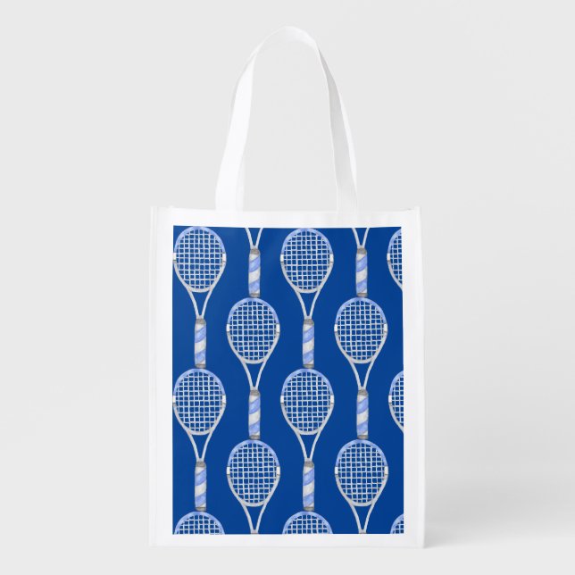 Tennis racket on blue background grocery bag (Front)