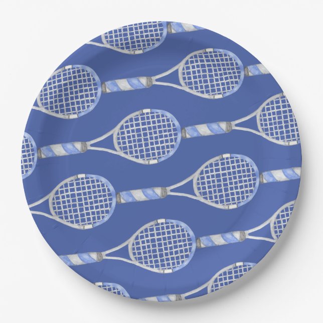 Tennis racket on blue background party paper plates (Front)