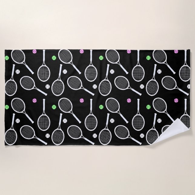 Tennis Racket Pattern Black Background Beach Towel (Front)