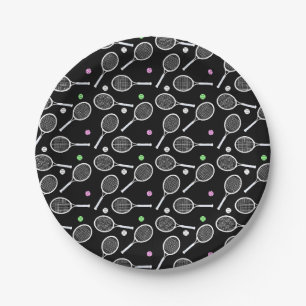 Tennis Racket Pattern Black Background Paper Plates