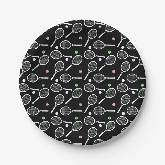 Tennis Racket Pattern Black Background Paper Plates (Front)