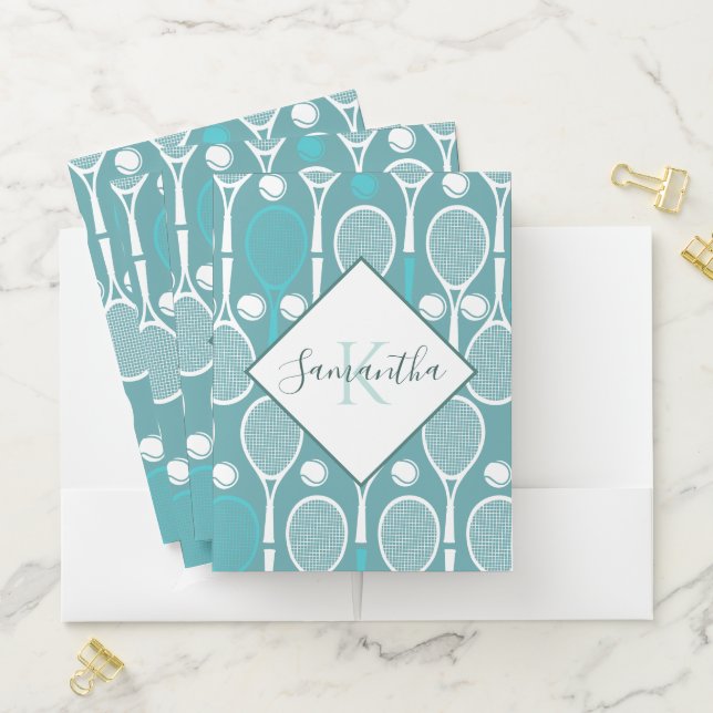 Tennis Racket Pattern Name Initial Modern Monogram Pocket Folder (In Situ)