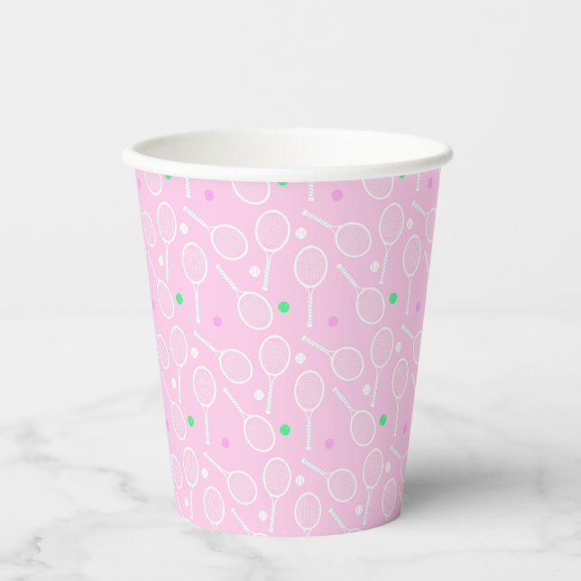 Tennis Racket Pattern Pastel Pink Party Paper Cups (Front)