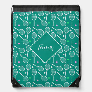 Tennis Racket Pattern Retro Green Drawstring Bag