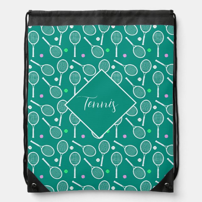 Tennis Racket Pattern Retro Green Drawstring Bag (Front)