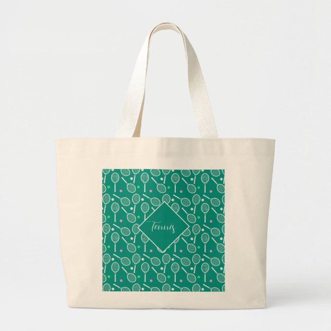 Tennis Racket Pattern Retro Green Large Tote Bag (Front)