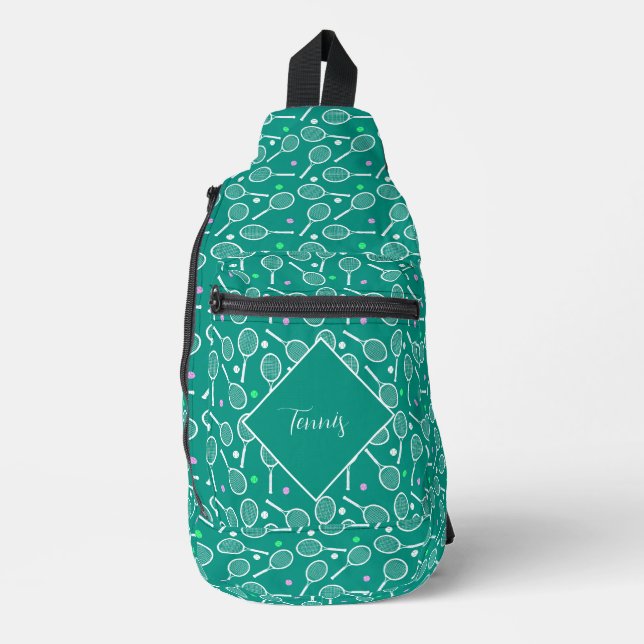 Tennis Racket Pattern Retro Green Personalized Sling Bag (Front)