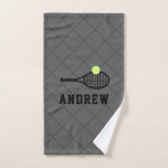 Tennis Racket Personalized Gray Sport Hand Towel<br><div class="desc">Gray and black personalized tennis design kitchen or sports bag towel with a bold and sporty masculine monogram,  name,  or custom text and tennis racket and ball icon with a faded net pattern background.</div>